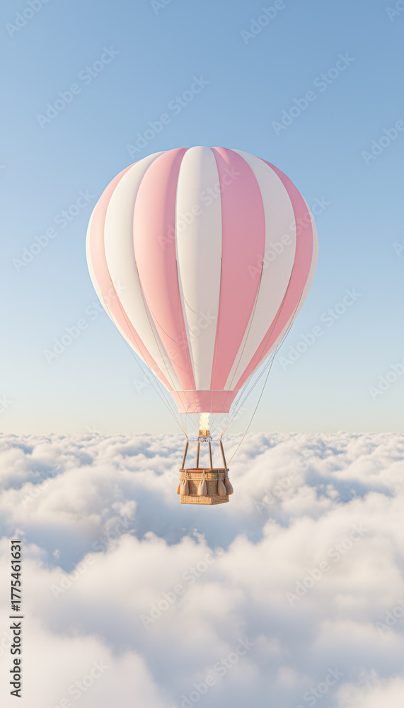 Fototapeta premium A colorful hot air balloon floats above the clouds, creating a picturesque view against the clear blue sky.