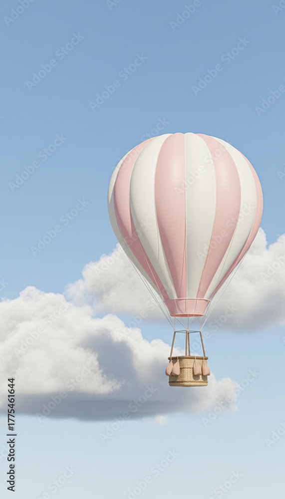 Fototapeta premium A pastel-colored hot air balloon floats gently in a bright blue sky, surrounded by fluffy white clouds.
