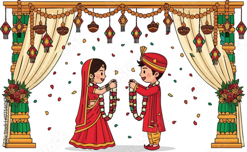 Cartoon Indian Bride and Groom at Wedding Ceremony.