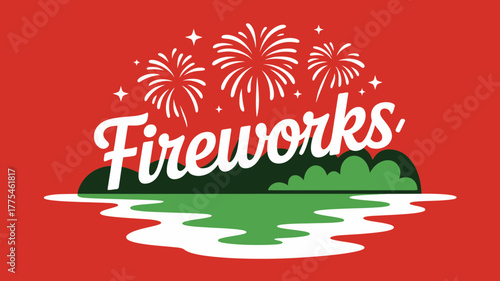 Festive fireworks display over water and green hills