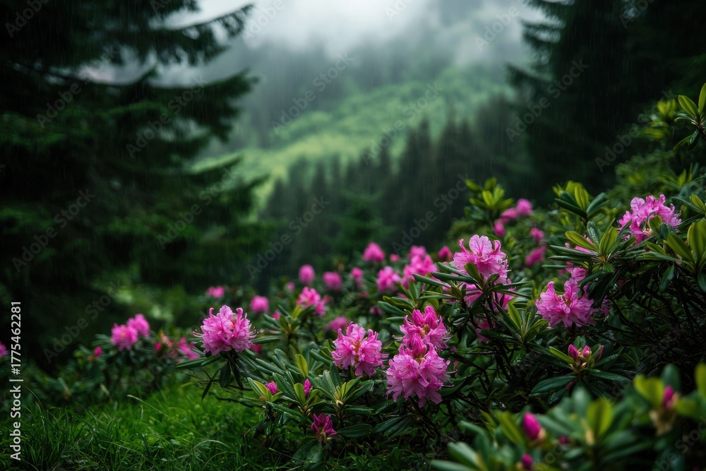 Obraz premium Beautiful spring view of hillside covered with vibrant pink rhododendron flowers and lush green foliage under misty weather creating peaceful and refreshing atmosphere