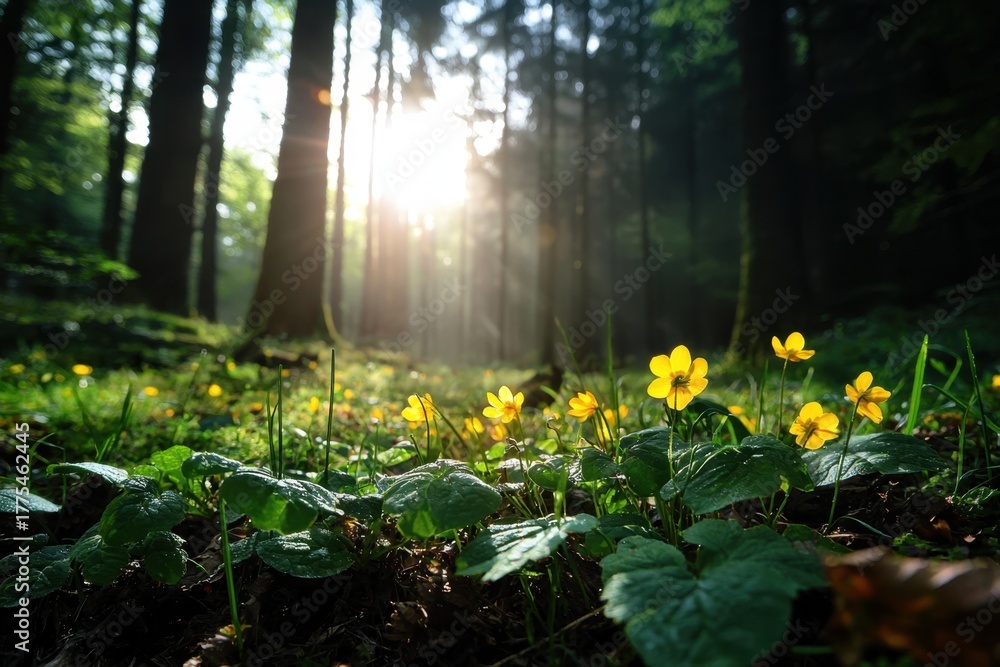 Fototapeta premium Forest clearing with bright yellow primrose flowers glowing in sunlight, surrounded by green leaves and tall trees creating peaceful natural atmosphere