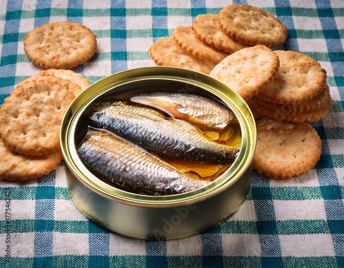 can of sardines in oil saltine crackers checkered table cloth