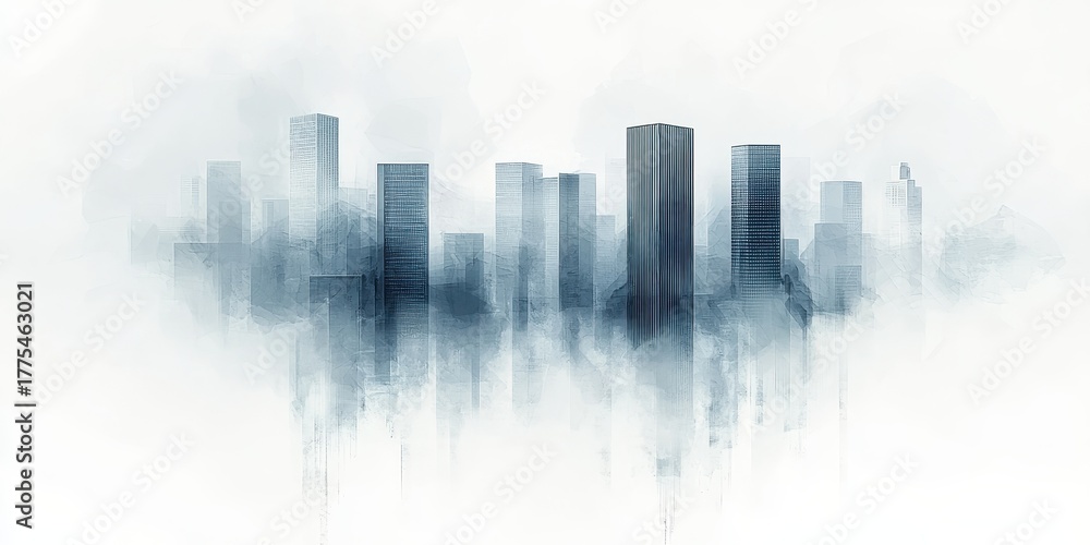 Obraz premium A minimalist city skyline in soft blues and grays, shrouded in mist, depicting a modern urban landscape.
