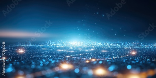 A mesmerizing urban skyline illuminated in blue tones, showcasing a futuristic cityscape filled with glowing lights and a sense of depth.