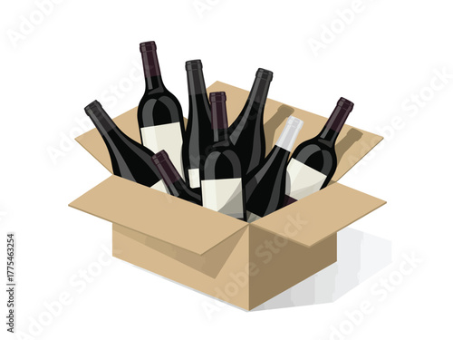 Cardboard box filled with multiple bottles of wine on a white background
