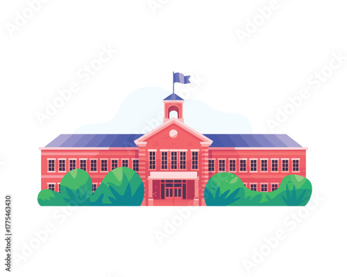 Classic brick building with a tower and flag illustration