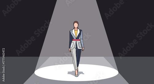 Elegant fashion model showcased under spotlight on a runway, presenting avant-garde design with