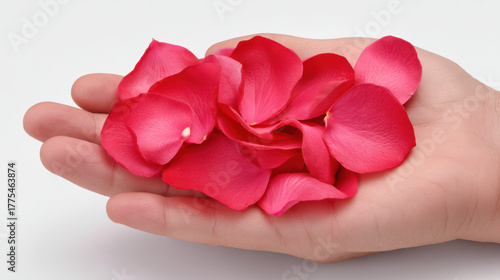 Fototapeta Naklejka Na Ścianę i Meble -  A gentle hand carefully holds a vibrant cluster of delicate pink rose petals against a clean, bright background, creating a soft and romantic composition.