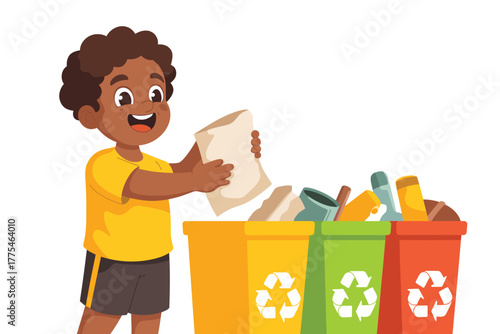 Young boy enthusiastically sorts paper into a recycling bin