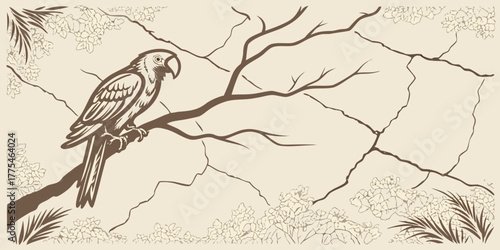 Vintage illustration of a parrot perched on a branch with decorative floral elements around it