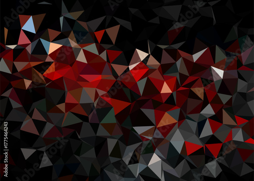 A vibrant abstract geometric pattern with sharp edges and a dynamic interplay of light and shadow, featuring deep reds, oranges, and dark tones