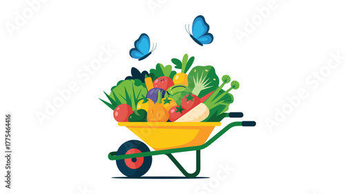 Yellow wheelbarrow overflowing with fresh vegetables and two blue butterflies