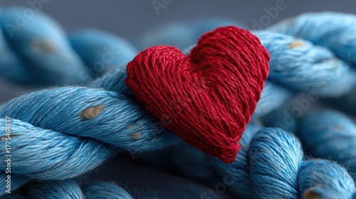 Red heart shape on blue rope closeup visual representing care love or emotion