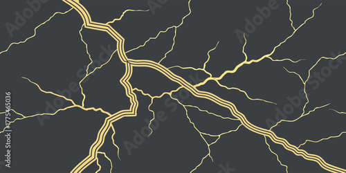 Elegant kintsugi crack pattern on dark gray background, a japanese art of repairing broken pottery with gold lacquer