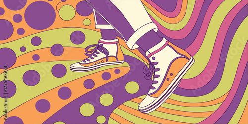 Retro sneakers on a groovy background with circles and wavy lines creating a psychedelic vibe