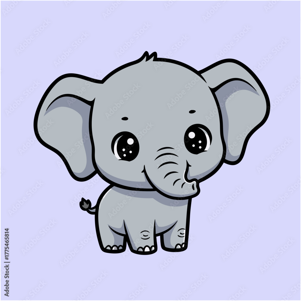 Fototapeta premium Cute baby elephant cartoon character in a charming kawaii style for nursery decor and children's designs