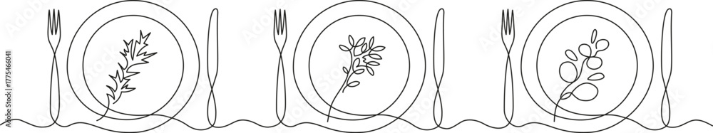 Obraz premium Continuous one line drawing of table setting with botanical elements inside the plate. Minimalist dining illustration with herbs and leaves.
