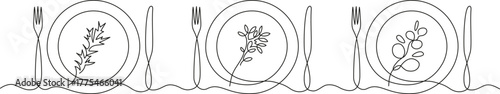 Continuous one line drawing of table setting with botanical elements inside the plate. Minimalist dining illustration with herbs and leaves.