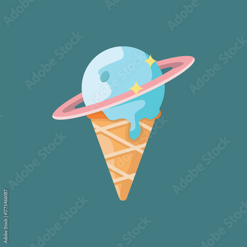 Ringed planet ice cream vector illustration. Planet scoop with pink ring on a waffle cone, cute concept for kids, party, and food art.