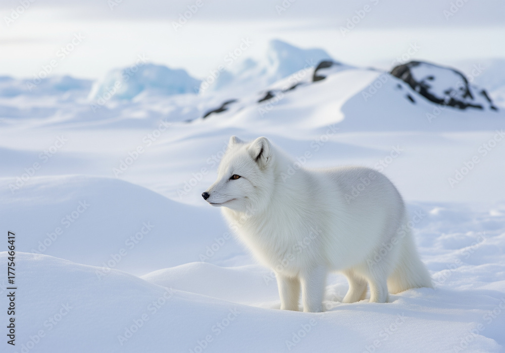 Obraz premium Arctic fox standing in frozen landscape fluffy fur blending with snow background