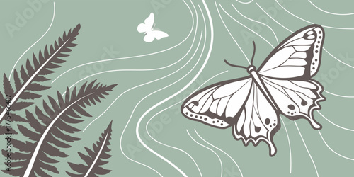 Elegant butterfly and fern fronds on a serene green backdrop, creating a peaceful nature scene illustration