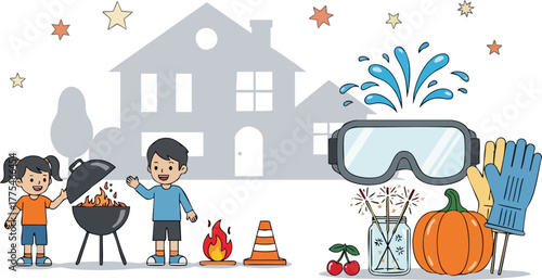 Children enjoying a barbecue with fireworks and safety gear.