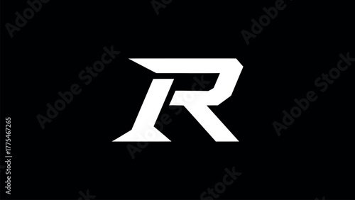 White stylized letter R logo on black background alphabet