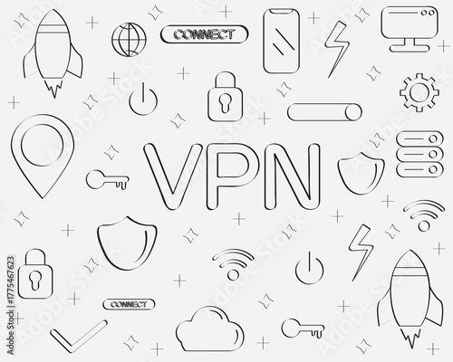 hand drawn virtual private network doodle pattern .vpn illustration outline seamless on white background