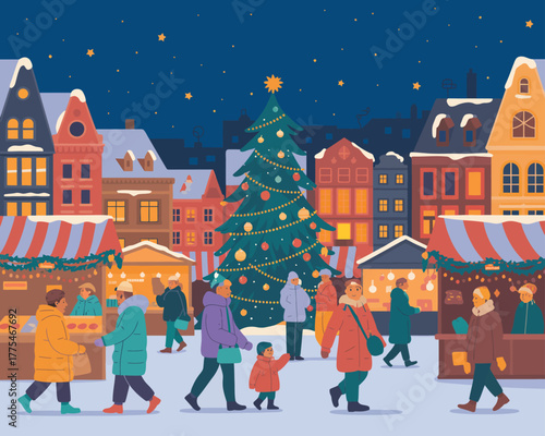 Winter Christmas Market Scene with People and Decorated Tree