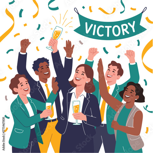 Successful Business Team Celebrating Victory with Champagne and Confetti