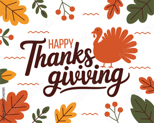 Seasonal fall holiday greeting card with a turkey and autumn leaves