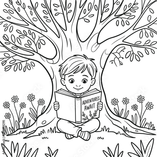 Boy Reading A Book Under A Tree Coloring Page Illustration