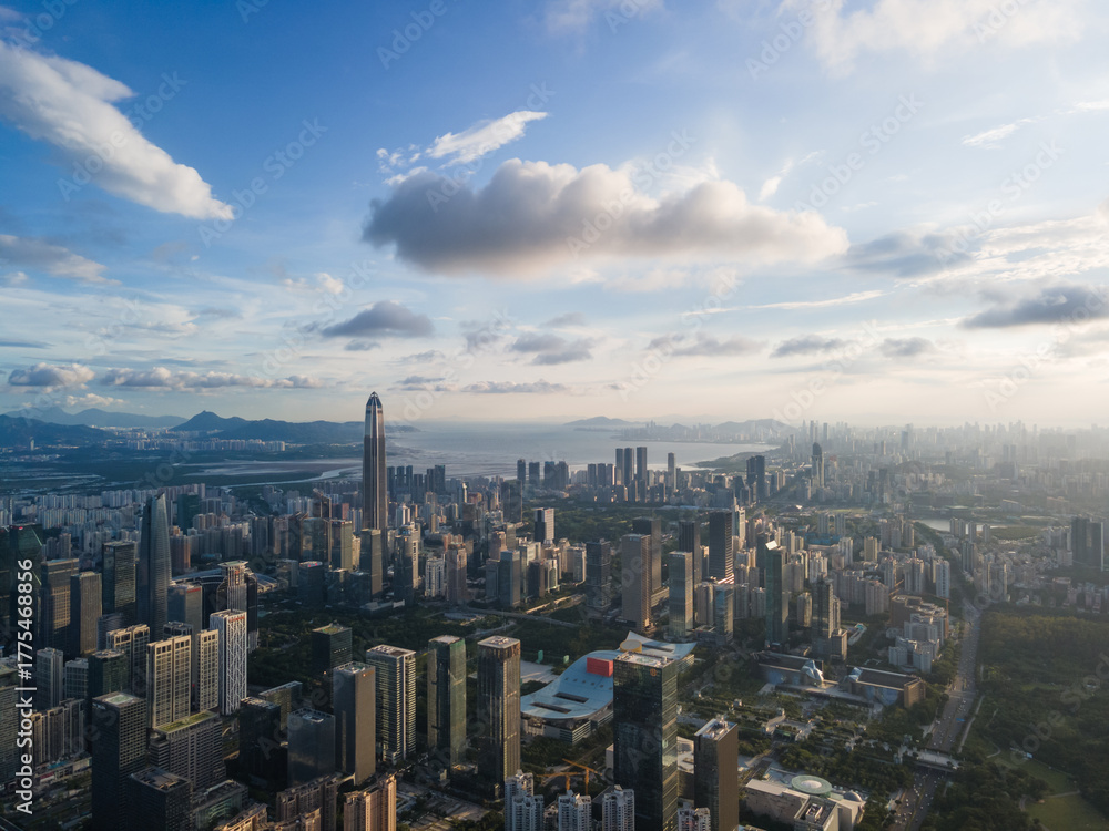 Obraz premium High-Altitude Aerial Photography of Sunset in Futian Central District, Shenzhen 