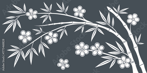 Elegant white bamboo branches with delicate flowers on a dark gray background, creating a serene and minimalist design