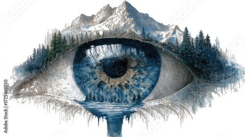 A surreal sketch of an eye whose tears form a flowing river leading into mountains and forests. A poetic, emotional, and deeply symbolic hand-drawn vector on a pristine white background.