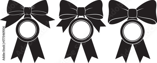 Three elegant black ribbon bows with oval inserts silhouette