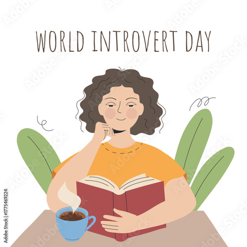 Illustration for World Introvert Day with girl reading book in her cozy personal space. Vector design for mental health content, book lovers and introvert communities.