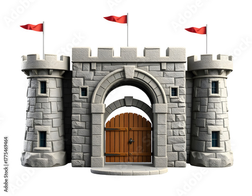 Stone castle gatehouse with towers and flags isolated on transparent background