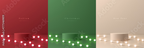 Set of 3D Christmas round podium background in red, cream and green color with neon ball lighting. Mockup stands product display. Mery Christmas and new year minimal scene. Abstract composition design