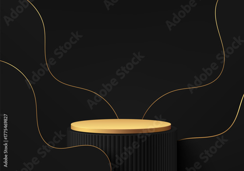 3D black gold round product podium background with wavy backdrop. Black Friday theme. Abstract geometric composition minimalist design. studio display showroom pedestal, Fashion stage showcases mockup
