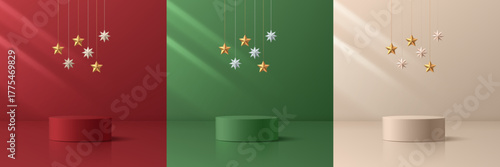 Set of 3D Christmas podium background in red, cream and green color with golden, silver star decorates. Mockup product display. Mery Christmas and new year minimal scene. Abstract composition design.