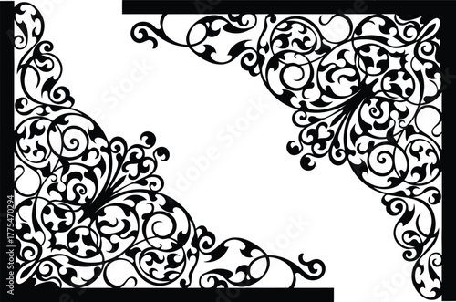 Set of two luxurious decorative corner elements featuring elaborate vintage baroque scrollwork, delicate floral motifs, and swirling acanthus leaves, perfect for elegant borders.