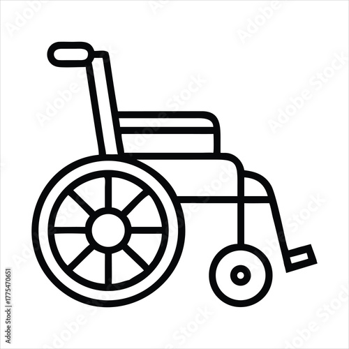 Simple black and white line art icon of a wheelchair representing mobility and accessibility for disabled individuals