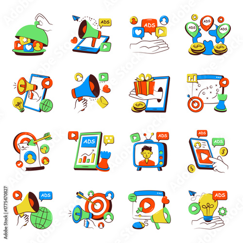 Set of Social Media and Marketing Doodle Icons
