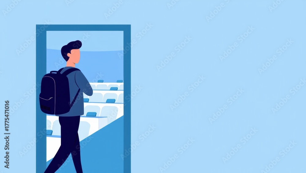 Fototapeta premium Young man walking through a door into a modern classroom setting