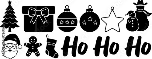 Festive ho ho ho christmas collection with santa head tree ornaments stocking bells gifts and decorative elements for holiday design