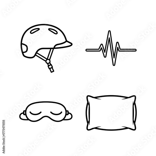 Sleep essentials including sleep mask, pillow, heart rate monitor, helmet  