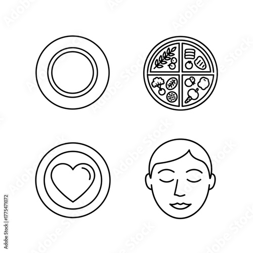 Healthy plate with balanced nutrition icons and mindful eating concept  