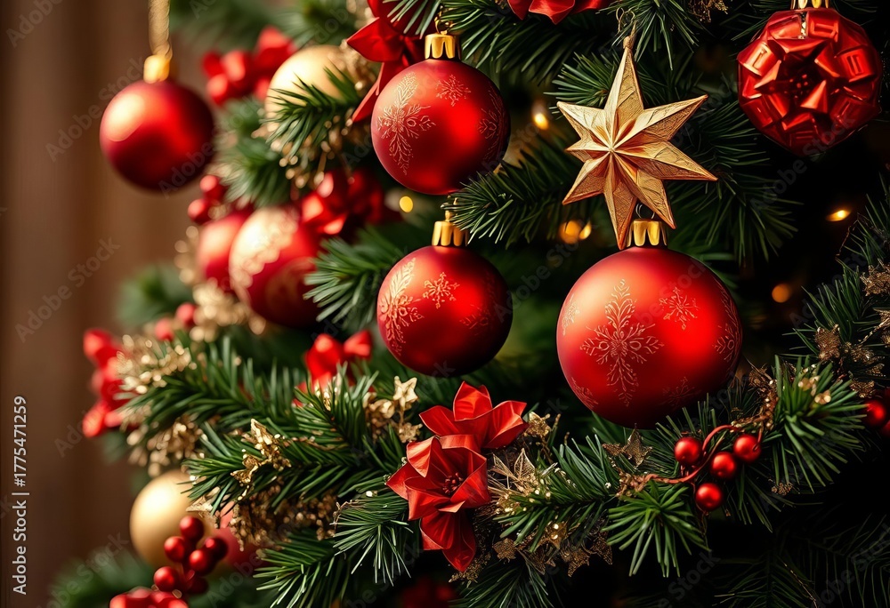 Fototapeta premium Elegant red and gold Christmas tree ornaments, garland, and star, traditional, festival